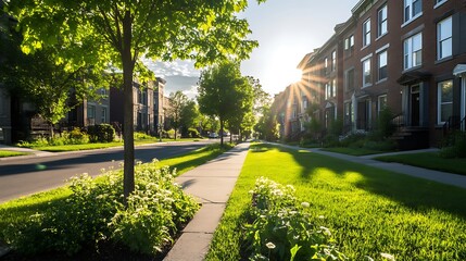 Aufkleber - Sunny residential street lined with trees and well-kept lawns, capturing a serene suburban atmosphere.