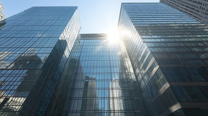 Aufkleber - Modern skyscrapers reflecting sunlight in an urban setting.