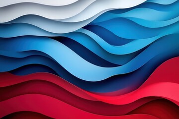Poster - Dynamic layered waves in red, blue, and white create a striking paper art background representing national pride Generative AI