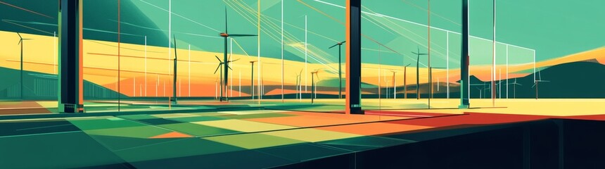 Wall Mural - Abstract Digital Landscape Illustration Vibrant Sunset Geometric Patterns Colorful Horizon Poles Lines Texture Graphic Design Modern Contemporary Artwork Perfect for Concept Art Illustrations and
