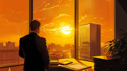 Wall Mural - a visionary leader gazing out of a highrise office window during a golden sunset. visionary - librar