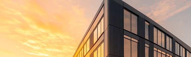 Aufkleber - Modern building with glass facade illuminated by a warm sunset glow.