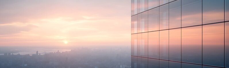Poster - City skyline at sunrise reflected in glass building windows.
