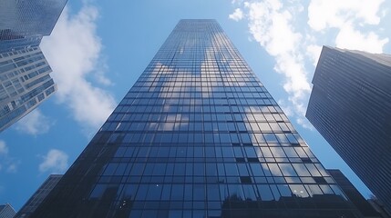Aufkleber - Modern skyscraper reaching towards a blue sky with clouds, showcasing reflective glass surfaces.