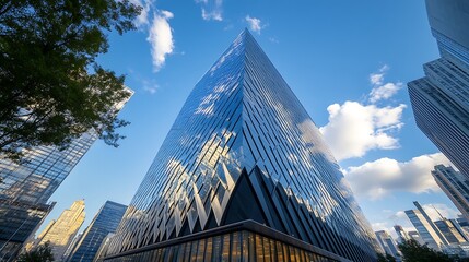 Aufkleber - Modern glass building against a blue sky with clouds, showcasing architectural design and urban landscape.