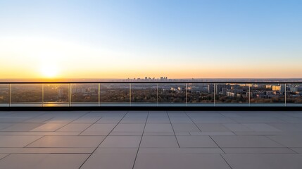 Poster - Scenic rooftop view overlooking a city skyline during sunset with clear skies.