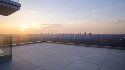 Aufkleber - A rooftop terrace at sunset overlooking a city skyline with a clear sky.