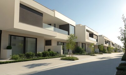 Aufkleber - Modern residential buildings with clean lines and greenery along a sunny sidewalk.