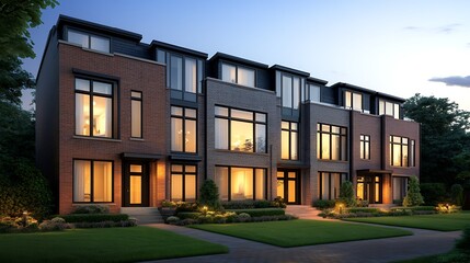 Aufkleber - Modern townhouse buildings illuminated at dusk, showcasing contemporary architecture and landscaped surroundings.
