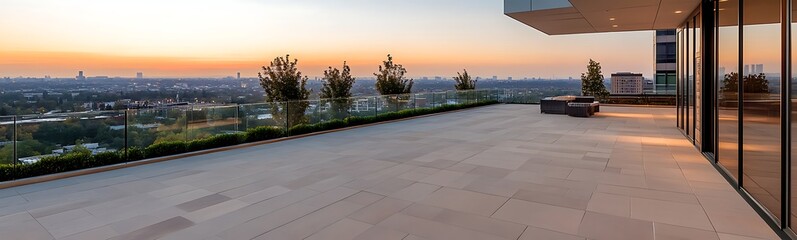 Poster - Spacious terrace with scenic sunset views and modern architecture.
