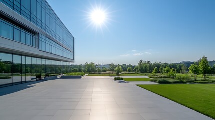 Poster - Modern architecture with reflective glass, sunny sky, and landscaped greenery in a serene environment.