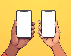 Hands holding smartphones, yellow background