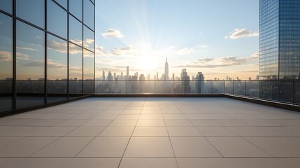 Poster - Modern rooftop view of a city skyline at sunset, showcasing glass buildings and a tranquil atmosphere.