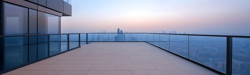 Poster - Spacious balcony overlooking a city skyline at sunset with glass railings and a serene atmosphere.