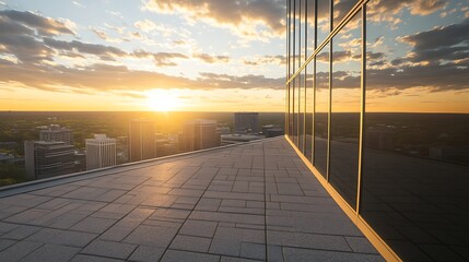 Poster - A stunning sunset view from a modern rooftop with reflective glass and expansive cityscape.