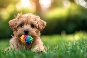 Poster - Playful puppy enjoying a colorful chew toy on lush grass in gentle natural light during a sunny day Generative AI