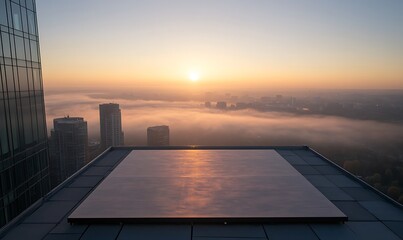 Aufkleber - A breathtaking sunrise view from a rooftop overlooking a foggy cityscape.
