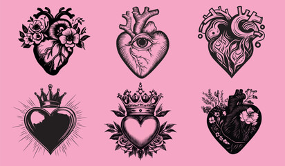 Wall Mural - intricate heart-themed tattoo designs isolated illustration, vector set