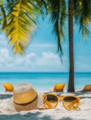Aufkleber - Relaxing moments under palm trees on a sunny beach with a hat and sunglasses resting on the sand Generative AI