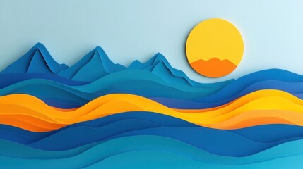 Leinwandbilder - Vibrant layered paper art landscape with waves mountains and warm sun Generative AI