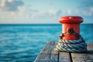 Fototapete - Bright orange mooring post wrapped in blue rope by tranquil turquoise ocean during sunny day Generative AI