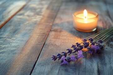 Poster - Cozy still life with lavender sprig and lit candle on textured wooden surface creates an inviting atmosphere for relaxation Generative AI