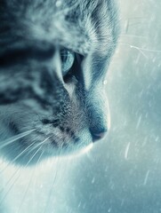 Aufkleber - Soft raindrops blur the world as a curious cat gazes out through a window on a melancholic day Generative AI