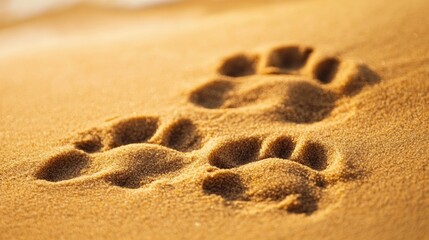 Fototapete - Dog paw prints on golden sand leading towards serene waves at the beach under soft sunlight Generative AI