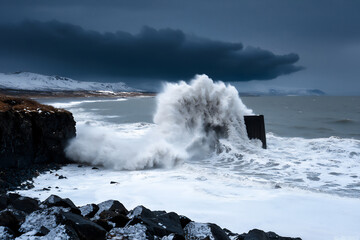 north sea winter midday storm waves