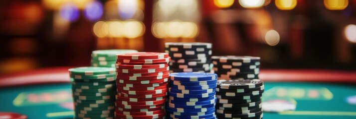 Poster - Colorful poker chips stacked on a casino table in a lively gaming environment during a weekend evening Generative AI