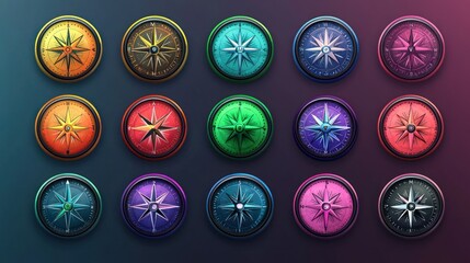 Wall Mural - a variety of colorful compass icons arranged in a circular layout over a gradient backdrop.
