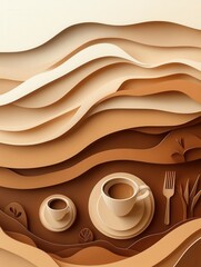 Aufkleber - Cozy paper art design featuring layered coffee cups, plates, and utensils with warm tones and inviting textures Generative AI