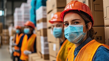 Fototapete - Volunteers wearing masks and vests working at a donation distribution center.