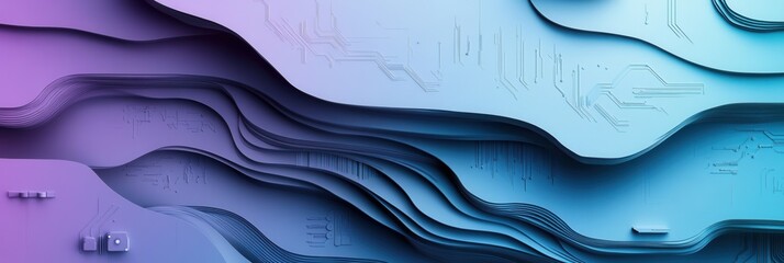 Leinwandbilder - Futuristic layered paper art background with digital circuits and flowing data patterns in cool tones Generative AI