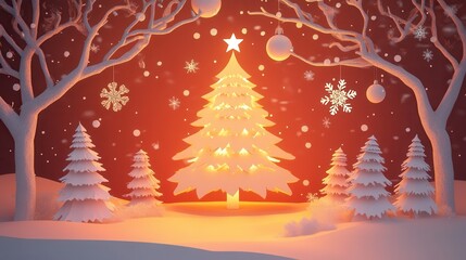 Aufkleber - Festive paper cutout creating a cozy Christmas atmosphere with glowing tree, ornaments, and snowflakes during the holiday season Generative AI