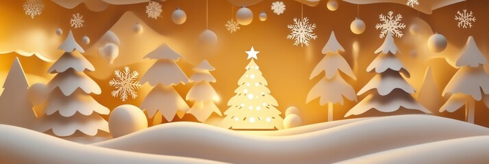 Aufkleber - Warm and cozy Christmas paper cutout with glowing tree and festive ornaments creates a delightful holiday atmosphere Generative AI