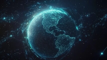 planet earth in cosmic darkness, glowing with blue and green lights, surrounded by a web of digital 