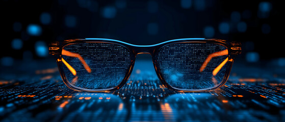 Glasses reflecting code, dark background. Tech concept