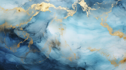 Fototapete - Elegant blue watercolor background with golden veins and cracked marble texture. Hand painted brush strokes for luxury designs
