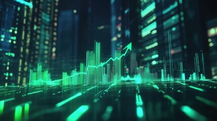 Wall Mural - Rising green arrow on a digital financial graph with bar charts and stock market indicators in the background