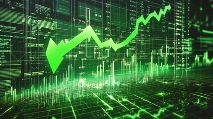 Wall Mural - Rising green arrow on a digital financial graph with bar charts and stock market indicators in the background