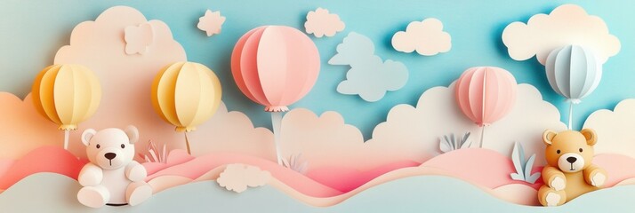 Poster - Whimsical paper cutout display of balloons and teddy bears in playful pastel colors for a charming childrens theme Generative AI