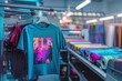 © Roman C - A vibrant teal t-shirt with a striking pink and purple graphic design, displayed in a colorful fabric printing shop full of various textile rolls. Perfect for apparel design inspiration.