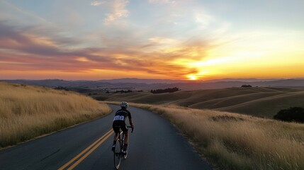 Aufkleber - Cyclist rides toward glowing sunset along winding road with rolling hills in the background near golden ratio intersection Generative AI