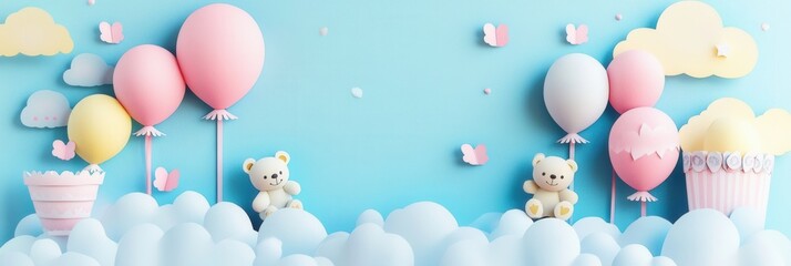 Poster - Whimsical pastel paper cutout with balloons and teddy bears amidst playful clouds for children’s decor Generative AI