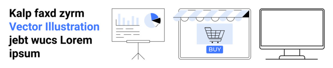 Charts on presentation board, online storefront with shopping cart, computer screen. Ideal for business, sales, e-commerce, technology, marketing, education analytics flat landing page banner