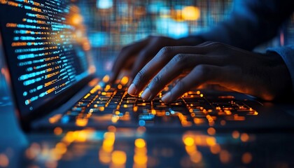 Close Up Programmer Hands Typing on Laptop Keyboard at Night with Glowing Screen