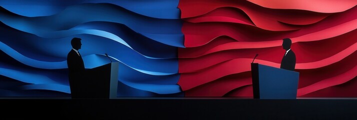 Poster - Two figures engage in a passionate political debate amid bold layered paper art backdrop Generative AI