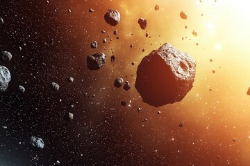 Wall Mural - Gravity Hole Pull Concepts. Asteroids floating in space with a glowing star in the background.