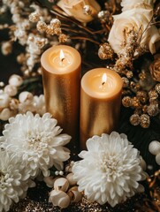 Aufkleber - Golden candles illuminate white and gold flowers on dark shimmering background with branding space Generative AI
